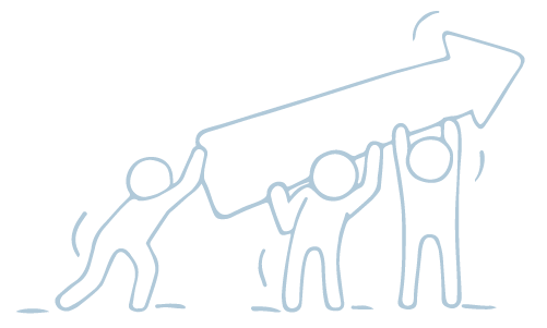 3 stick men carrying an arrow that points up and to the right.